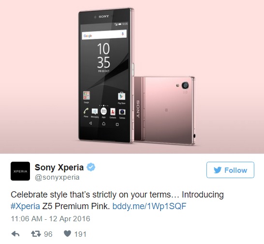 Sony анонсировала розовый Xperia Z5 Premium - twitter
